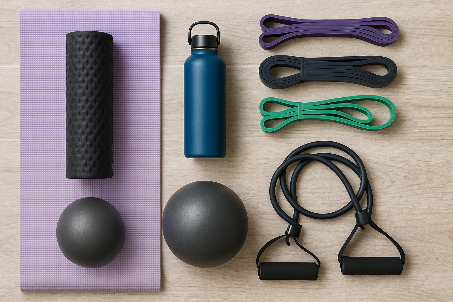 Flat lay of home gym equipment including yoga mat, foam roller, resistance bands, jump rope, insulated water bottle, and Pilates balls on wooden floor.