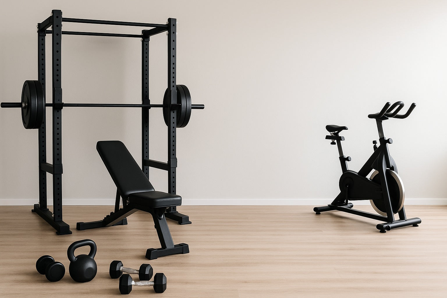 Compact home gym setup with bench, bands and bike