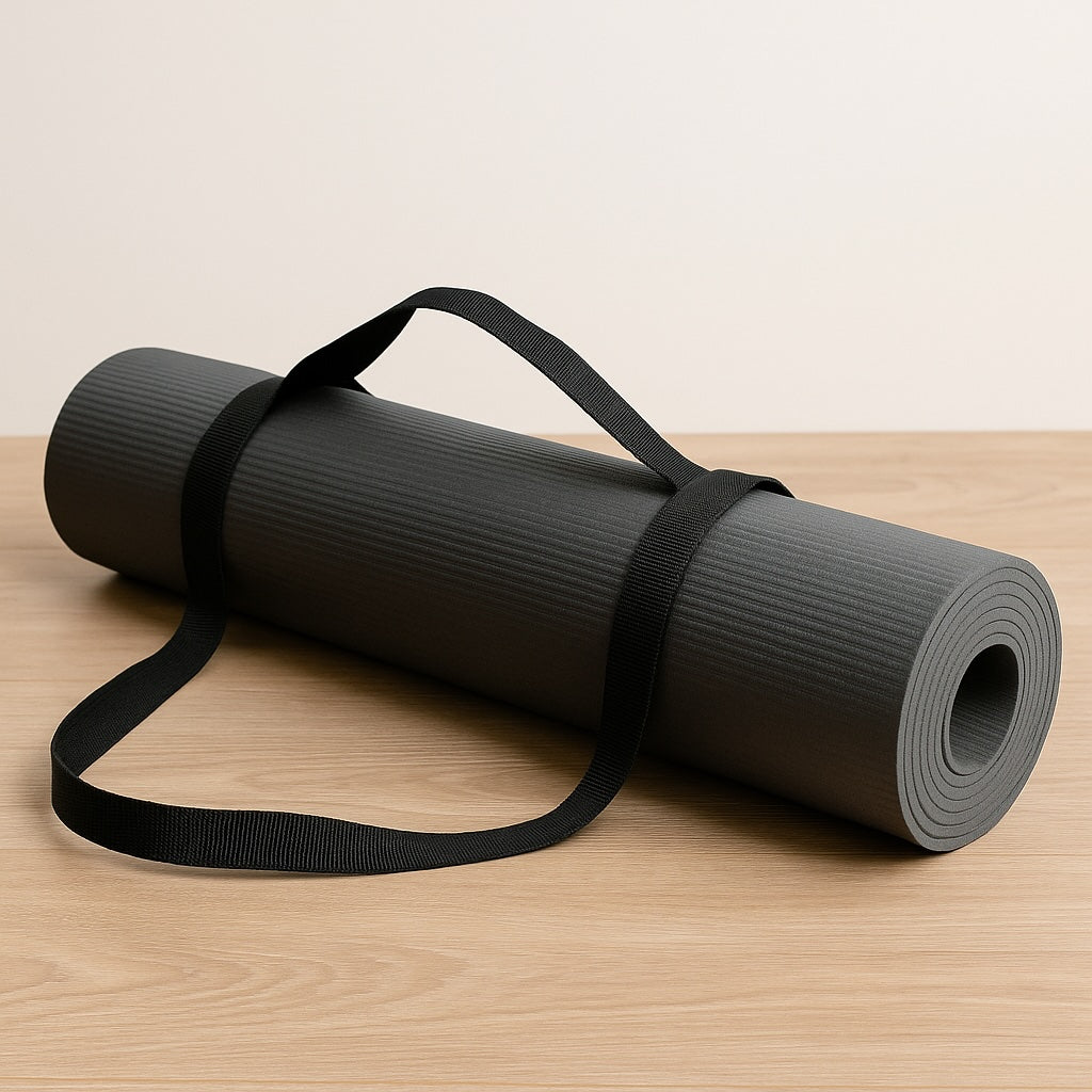 Grey yoga mat with black carry strap 