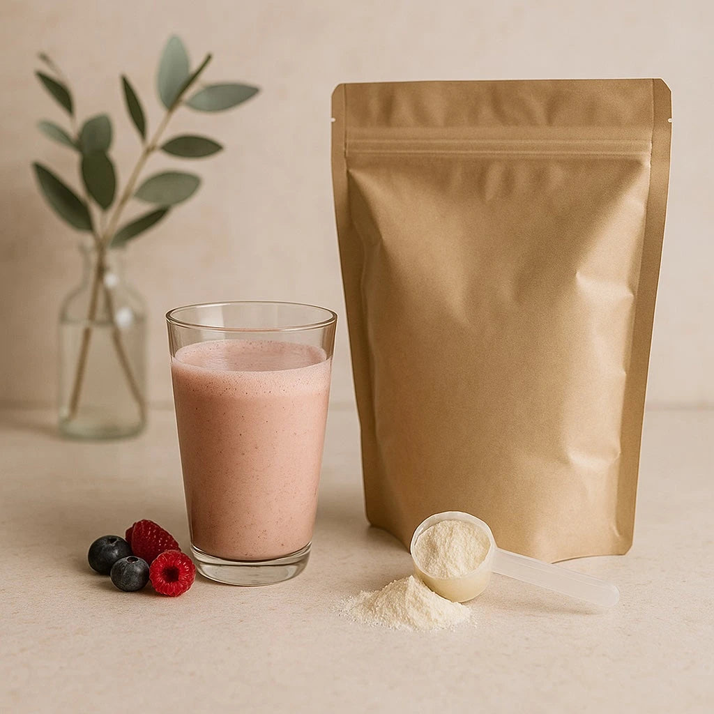 Collagen protein powder with scoop on kitchen counter