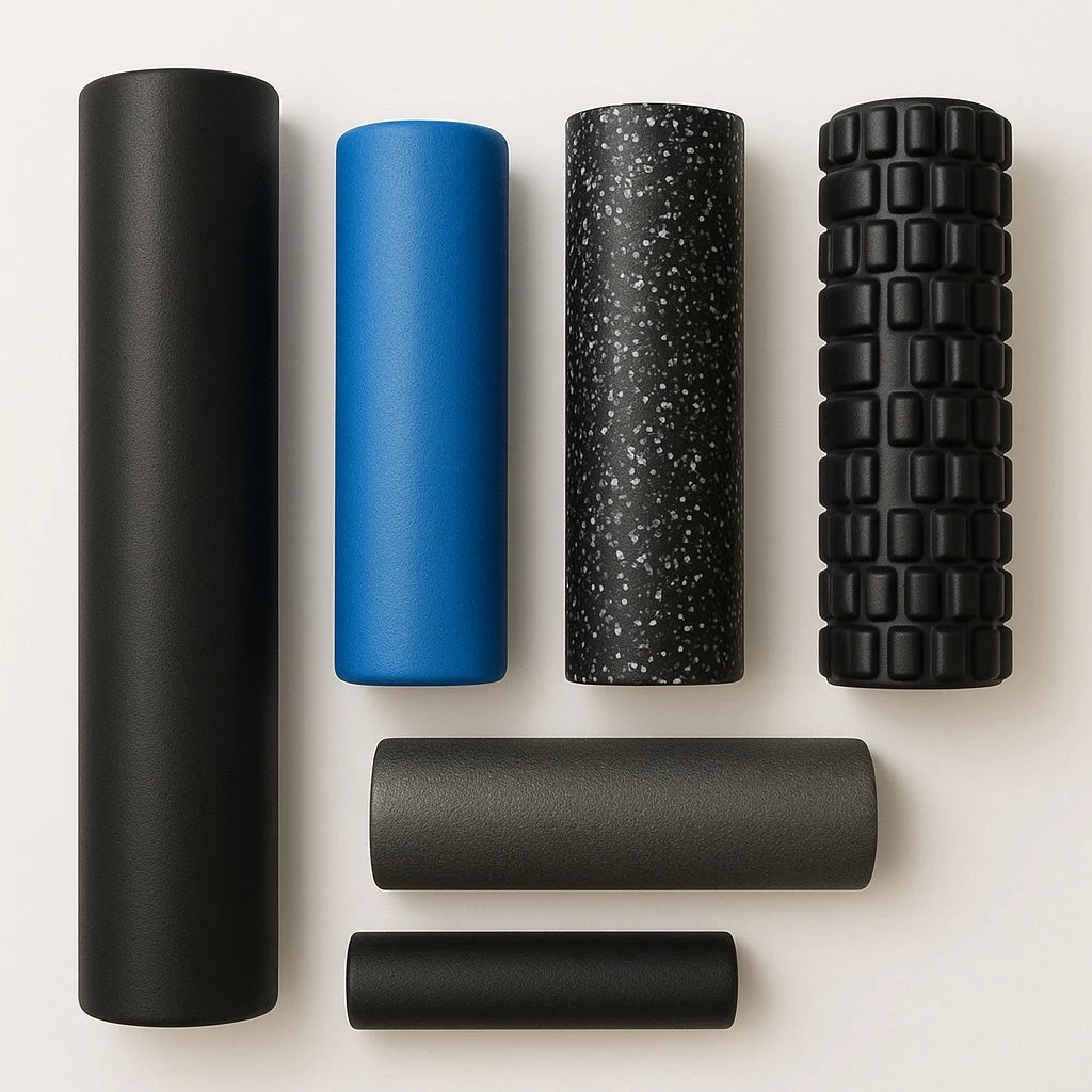 Foam roller set—smooth, textured grid and half-round—in black, blue and speckled, on a white background.