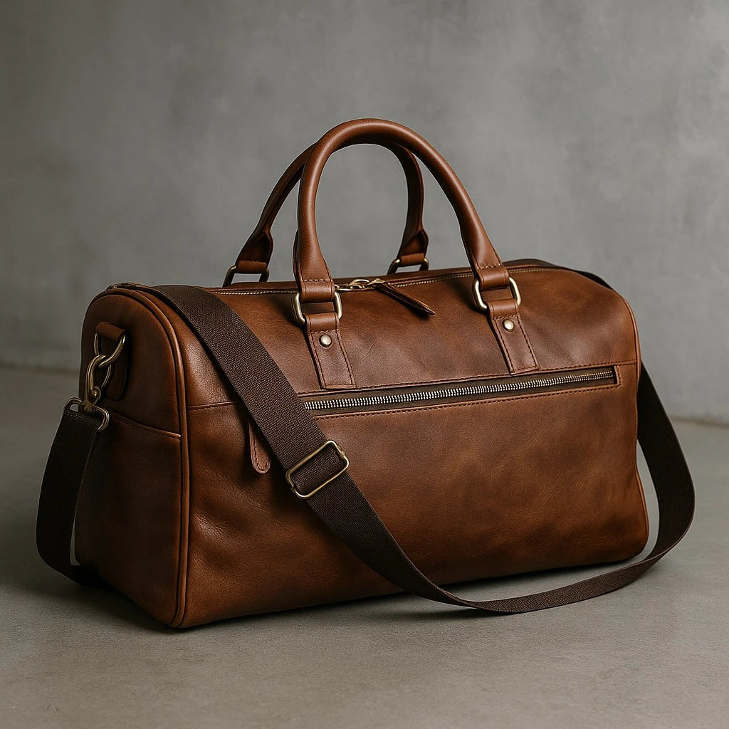 Brown leather gym bag with carry strap 