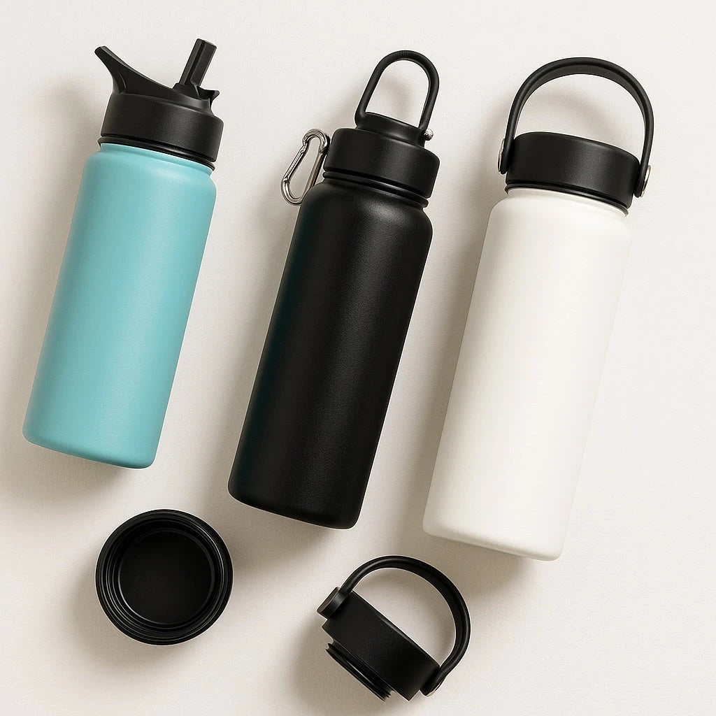Insulated stainless steel water bottles—turquoise, black and white—with straw, loop and handle lids on a white background.