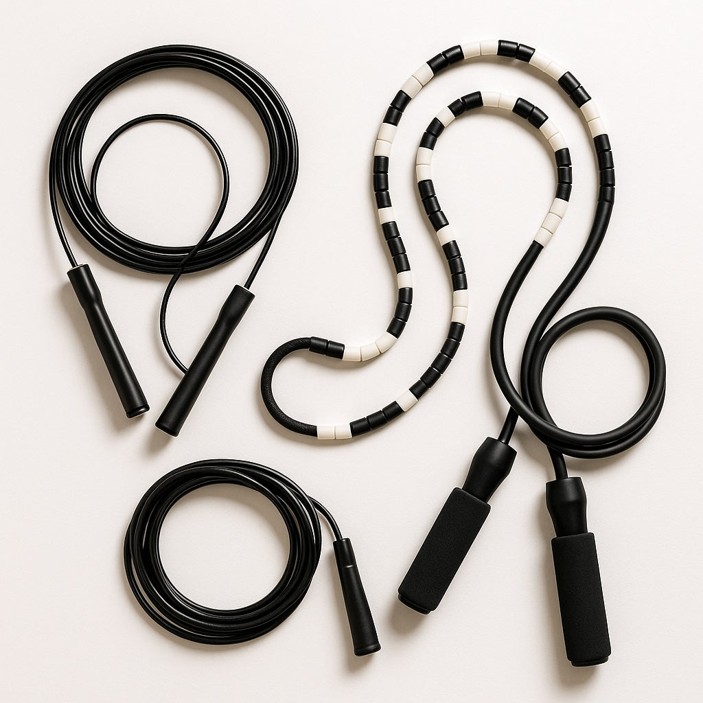 Three jump ropes—speed cable, beaded, and weighted foam-handle—arranged on a white background.