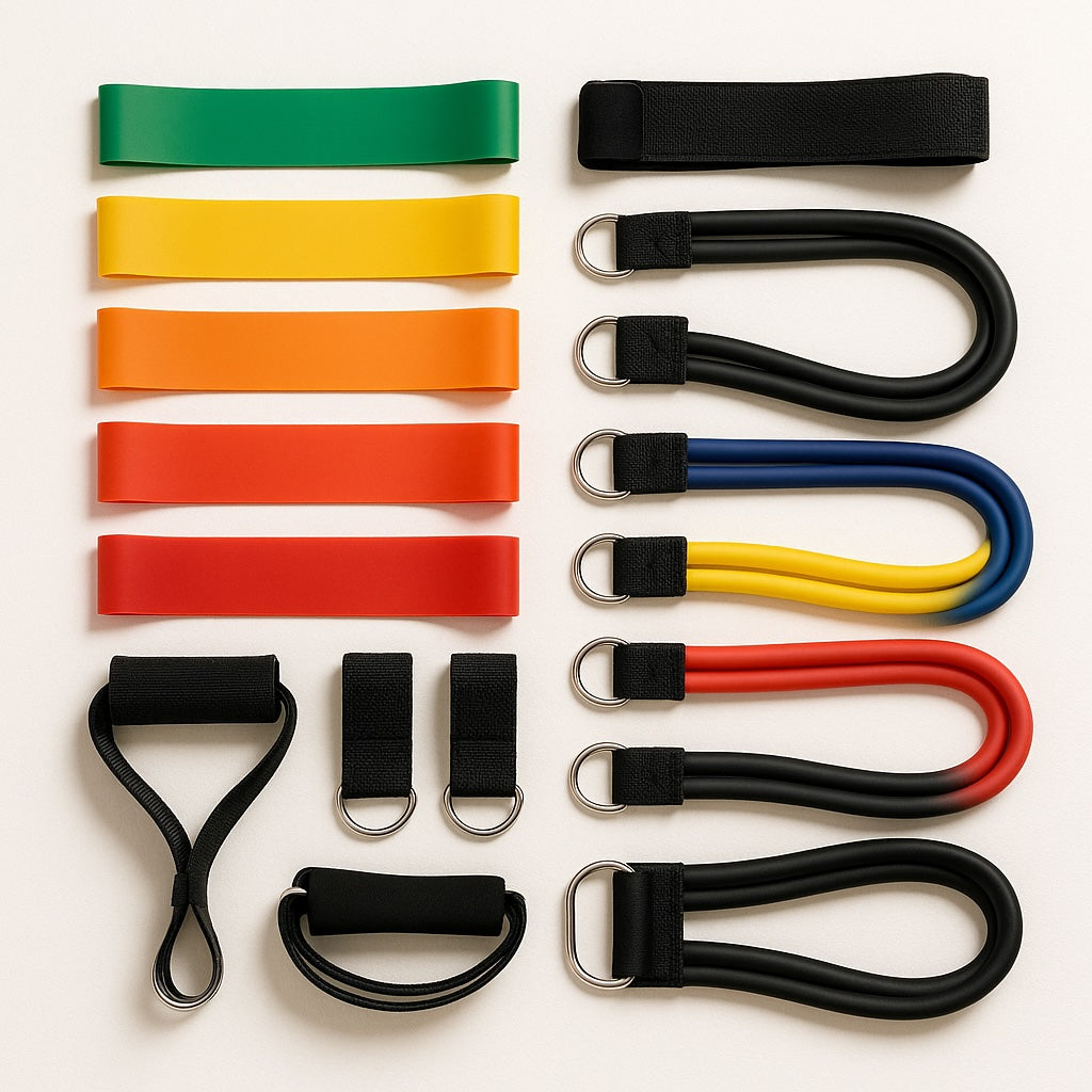 Coluor-coded resistance bands set: loop and tube bands with handles, ankle straps and door anchor on white background.