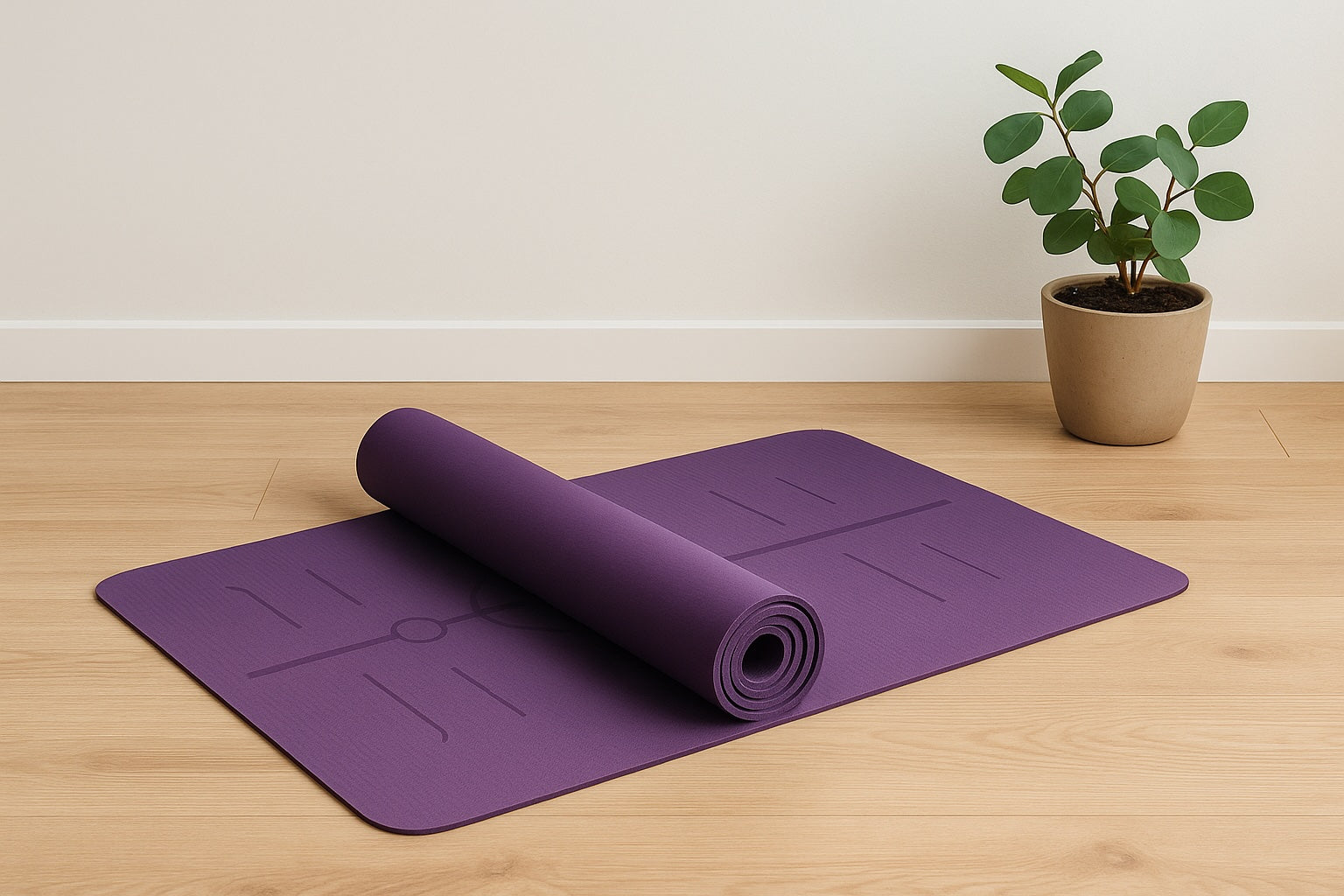 Purple TPE yoga mat unrolled on light wood floor