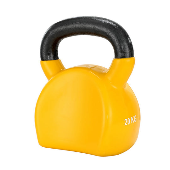 Yellow kettlebell with black handle and '20 KG' marking on a white background
