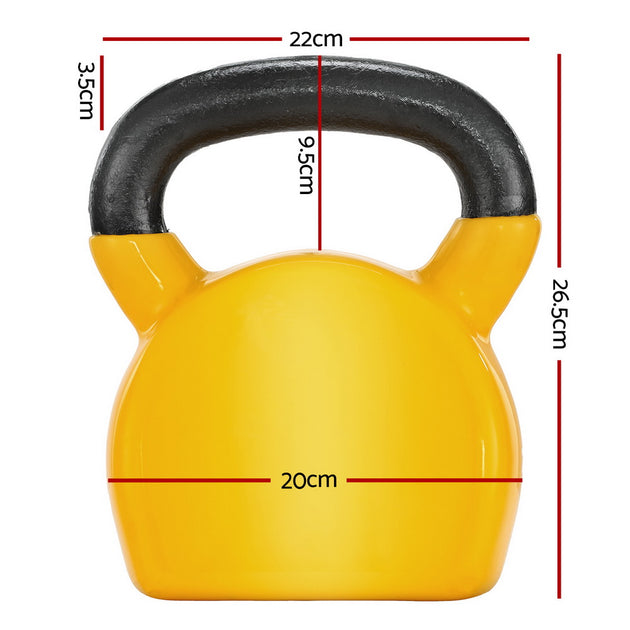 Yellow kettlebell with black handle and measurements on a white background