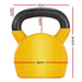 Yellow kettlebell with black handle and measurements on a white background