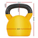Yellow kettlebell with black handle and measurements on a white background