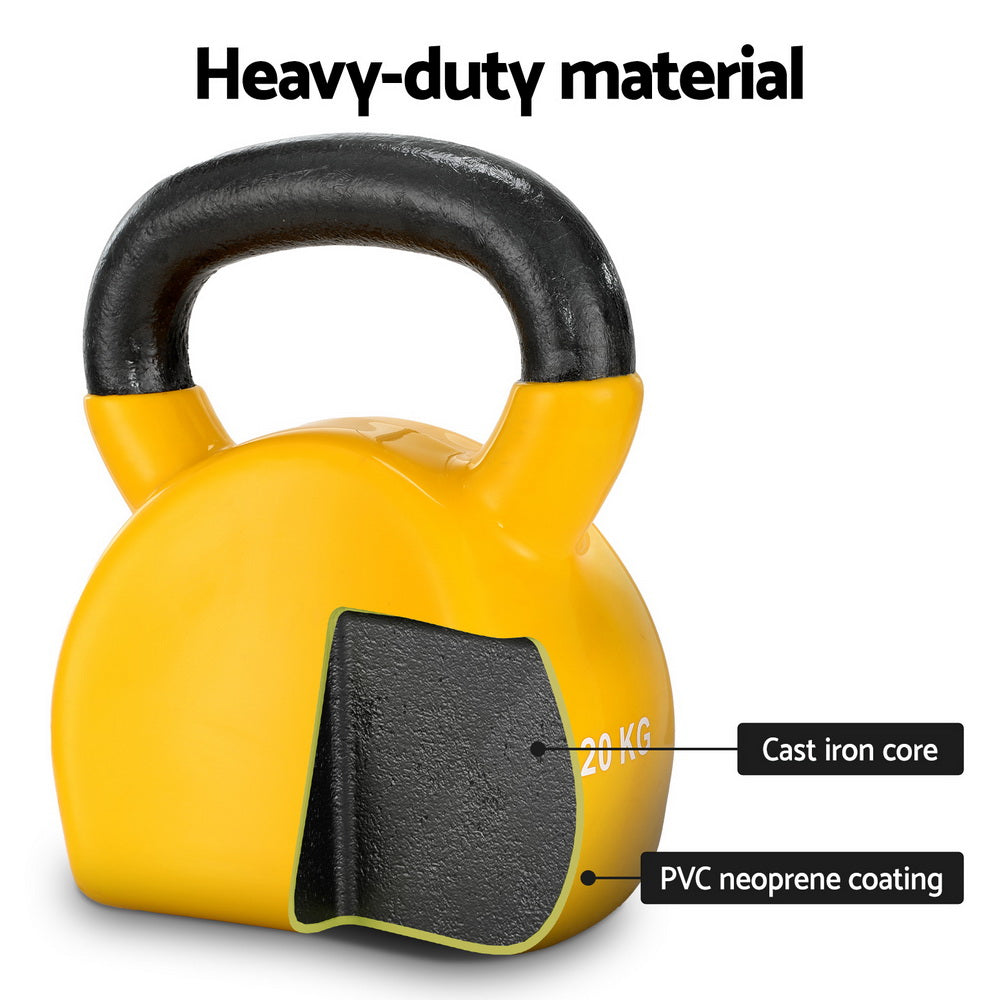 Yellow kettlebell with black handle and cast iron core, labeled 'Heavy-duty material'.