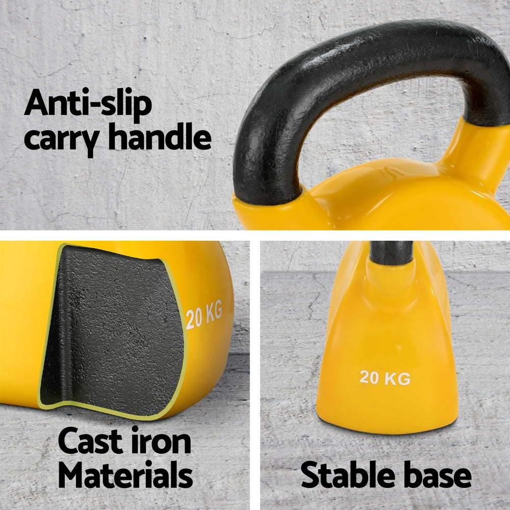 Yellow kettlebell with anti-slip carry handle, cast iron materials, and stable base on a gray background.