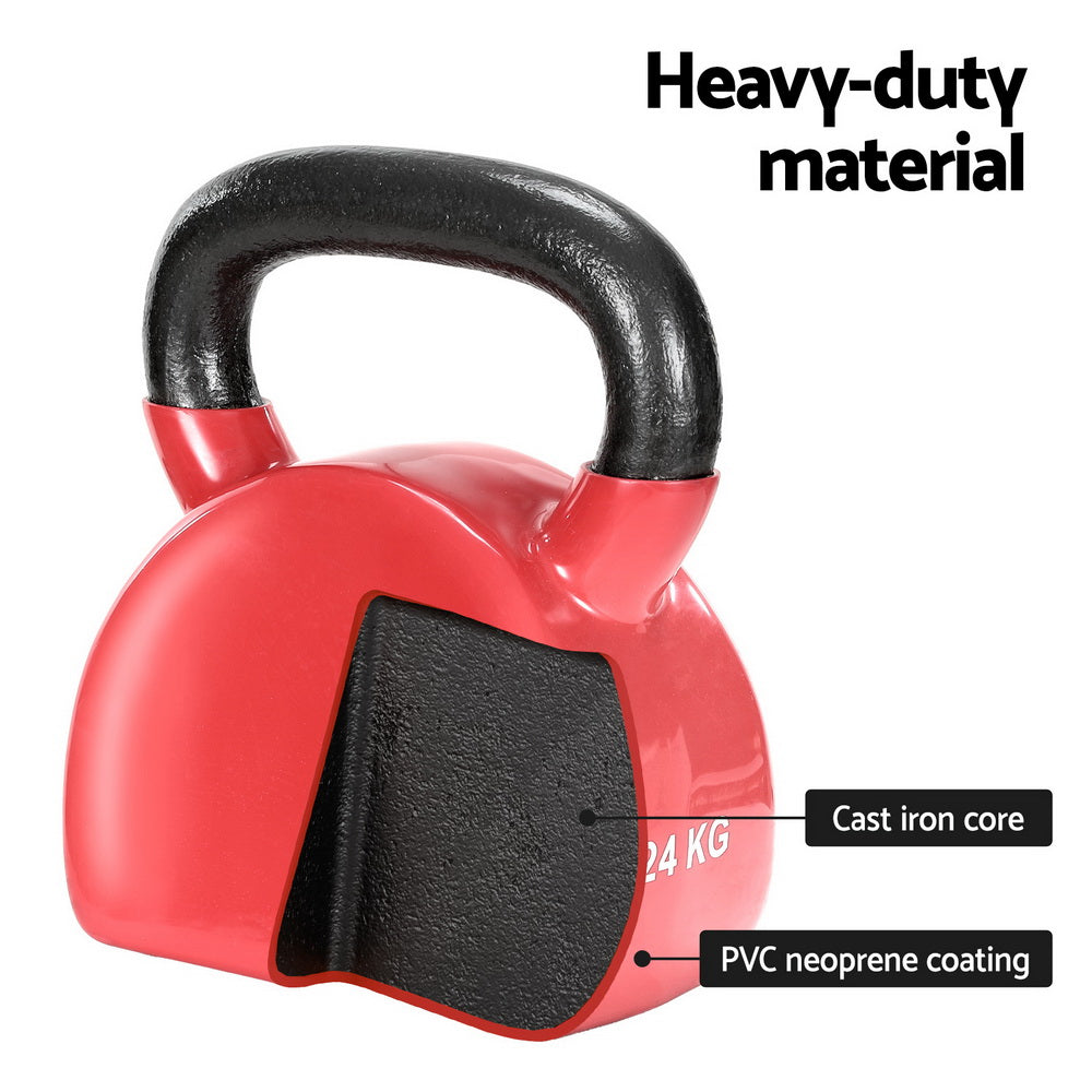 Heavy-duty Everfit 24kg kettlebell showing cast iron core with PVC neoprene outer coating.