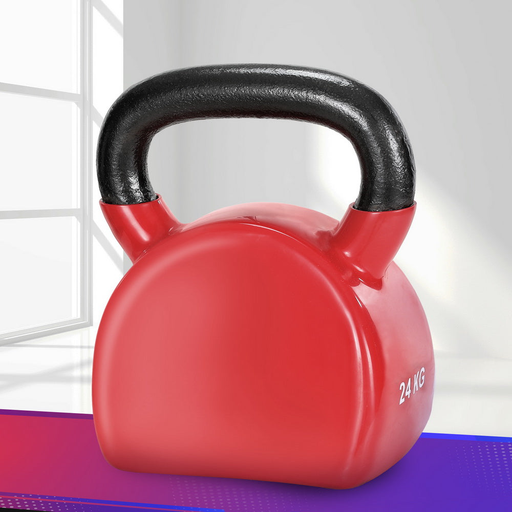 Everfit 24kg kettlebell with stable flat base on yoga mat for home gym training.