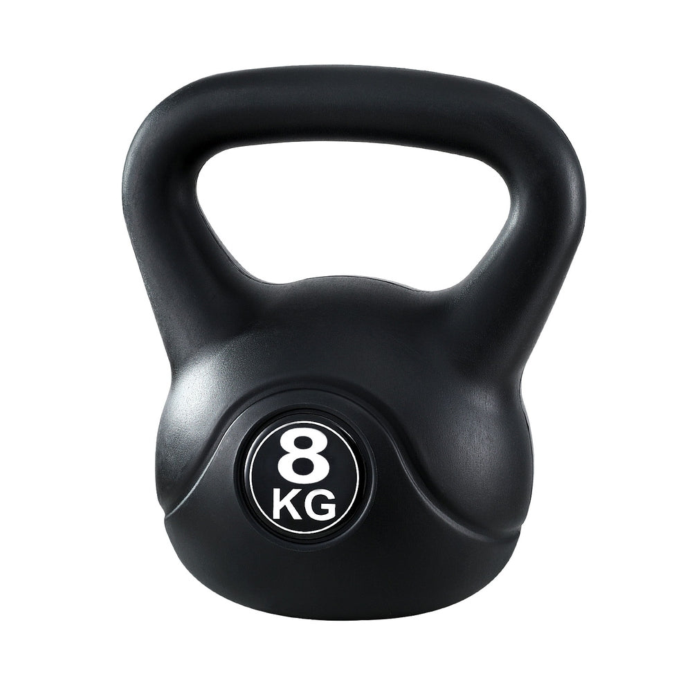 Black kettlebell with '8 KG' marking on a white background