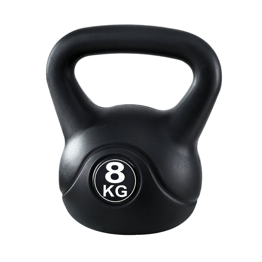Black kettlebell with '8 KG' marking on a white background
