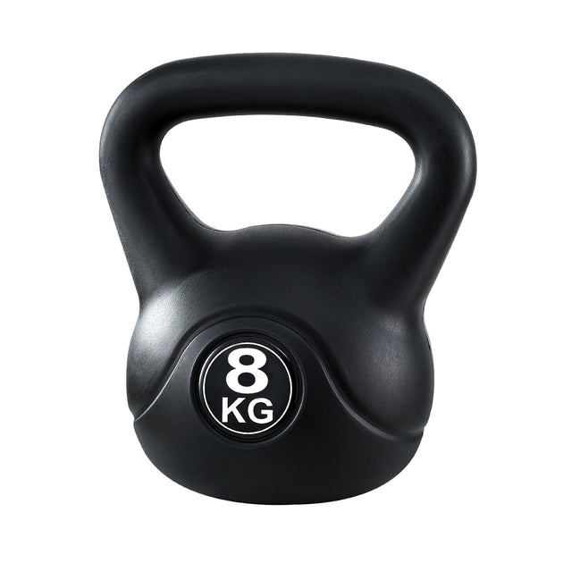 Black kettlebell with '8 KG' marking on a white background