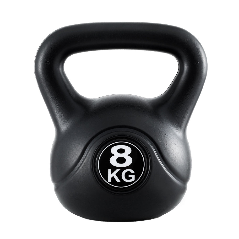 Black kettlebell with '8 KG' marking on a white background