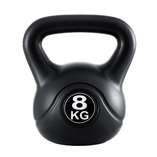 Black kettlebell with '8 KG' marking on a white background