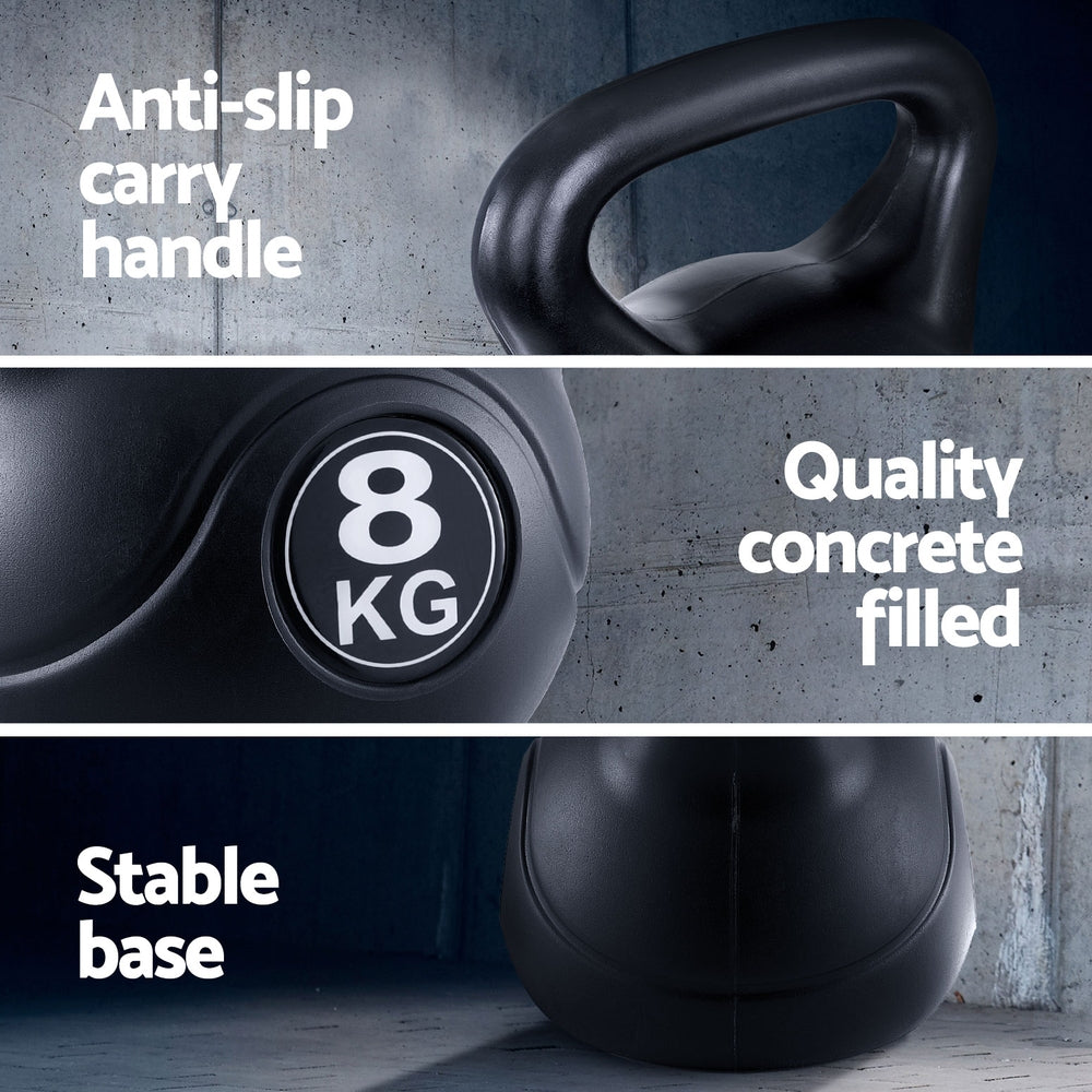 Black kettlebell with anti-slip handle, quality concrete fill, and stable base on a gray background.