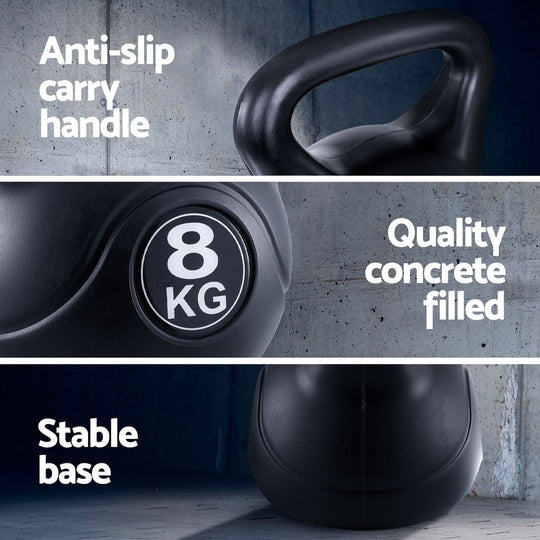 Black kettlebell with anti-slip handle, quality concrete fill, and stable base on a gray background.