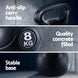 Black kettlebell with anti-slip handle, quality concrete fill, and stable base on a gray background.