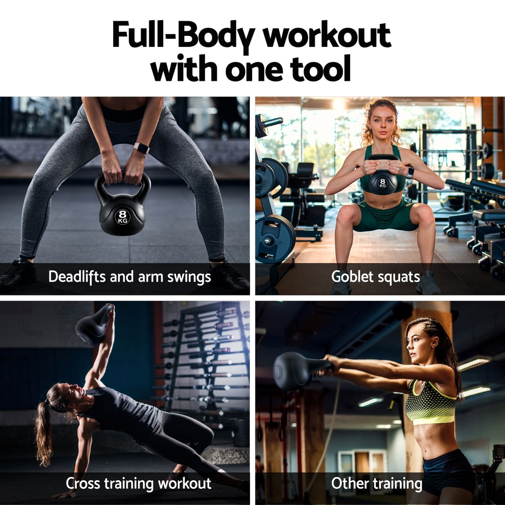 Woman performing various full-body workouts with a kettlebell in a gym setting.