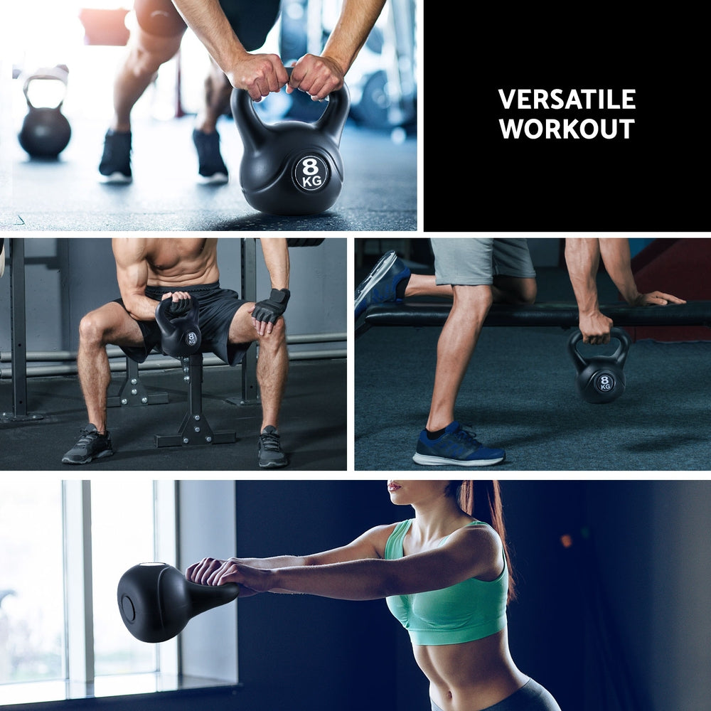 Collage of people using kettlebells in a gym setting with text 'Versatile Workout'.