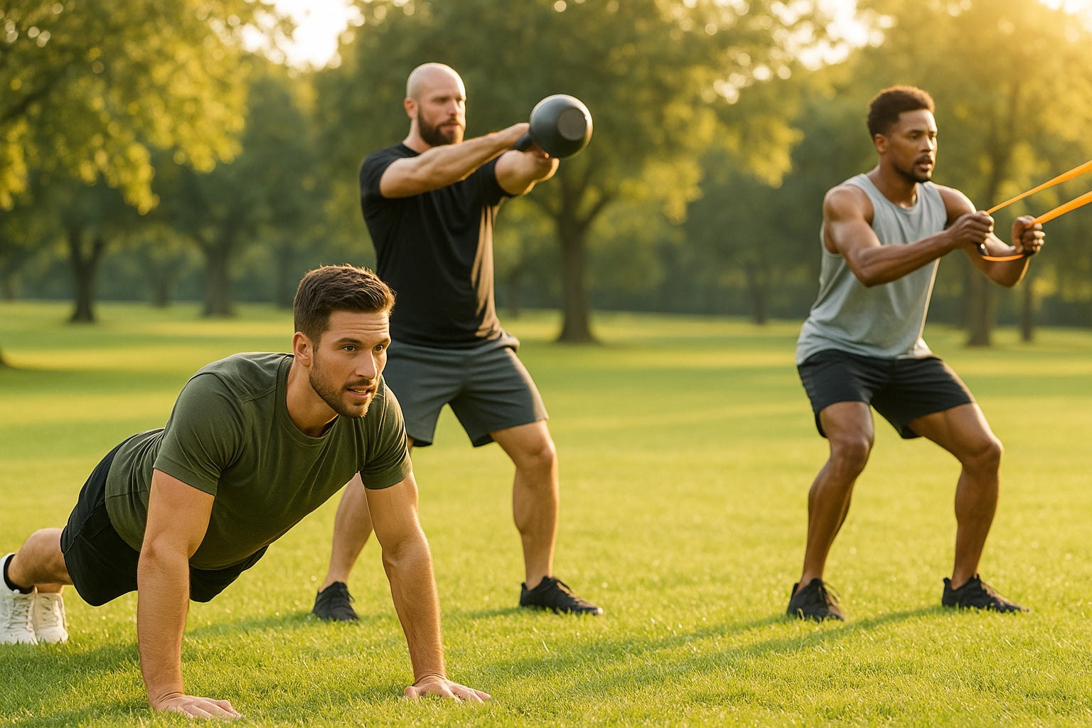 Three men exercising outdoors in a park for Australian Health and Fitness Store. 