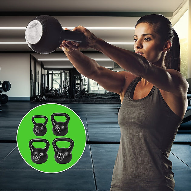 Woman exercising with a dumbbell in a gym setting, inset showing kettlebells.