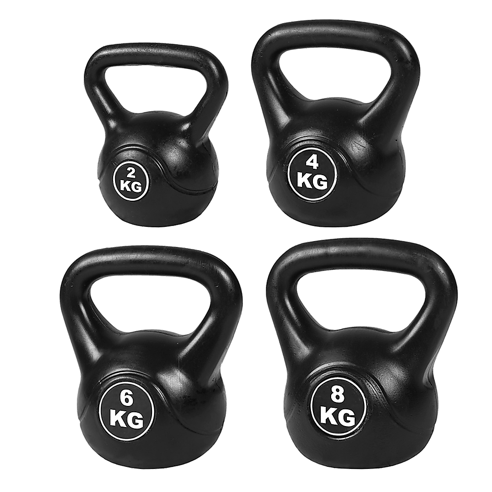 Four black kettlebells with weight markings on a white background