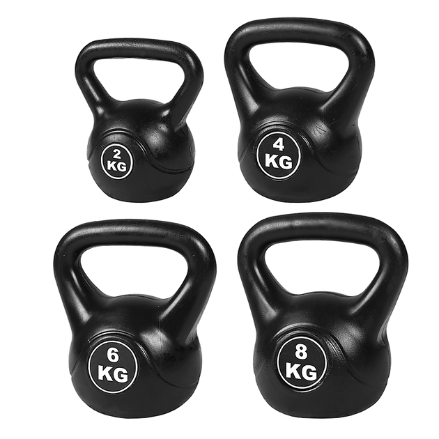 Four black kettlebells with weight markings on a white background