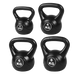 Four black kettlebells with weight markings on a white background