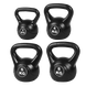 Four black kettlebells with weight markings on a white background
