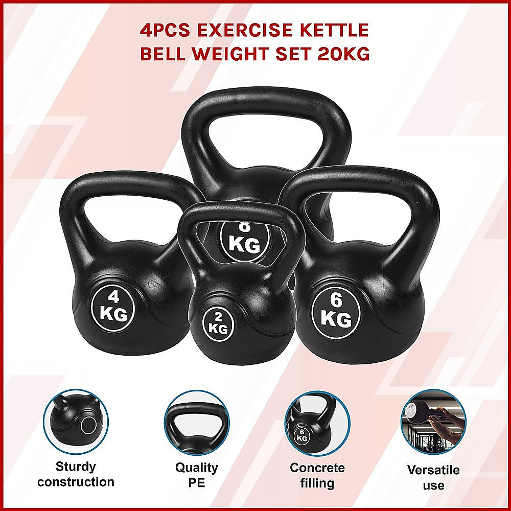 Set of four exercise kettlebells with weights displayed on a white background