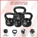 Set of four exercise kettlebells with weights displayed on a white background