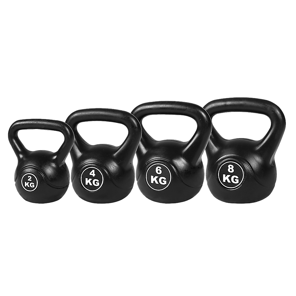 Set of black kettlebells with weight markings on a white background
