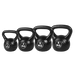 Set of black kettlebells with weight markings on a white background