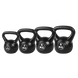 Set of black kettlebells with weight markings on a white background