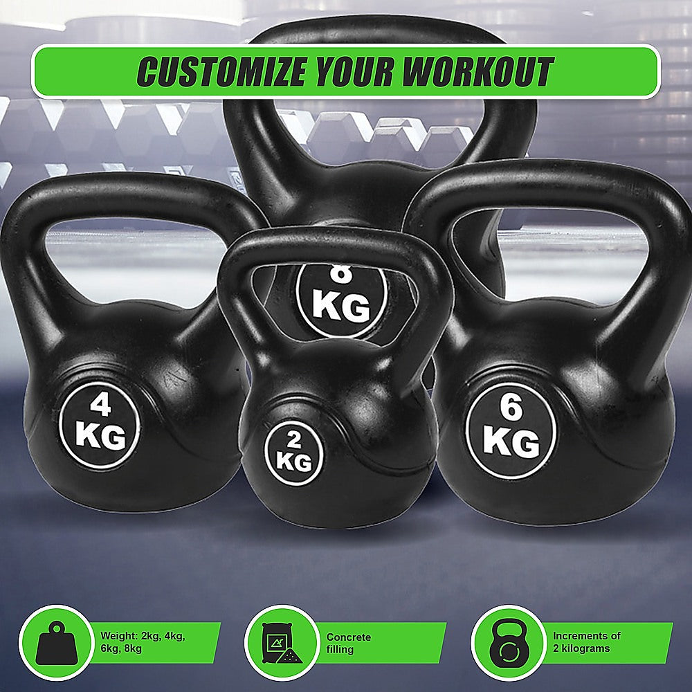 Set of black kettlebells with weight markings on a blue background