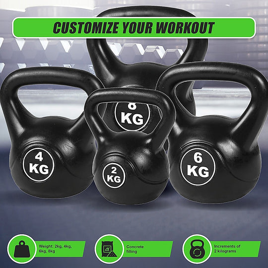 Set of black kettlebells with weight markings on a blue background