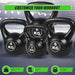 Set of black kettlebells with weight markings on a blue background