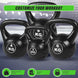Set of black kettlebells with weight markings on a blue background