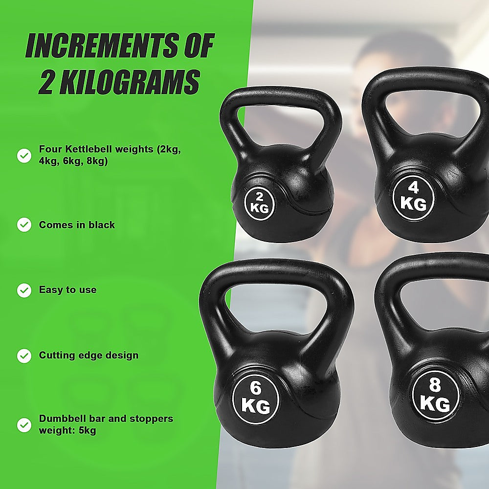 Set of black kettlebells with weight labels on a green and gray background