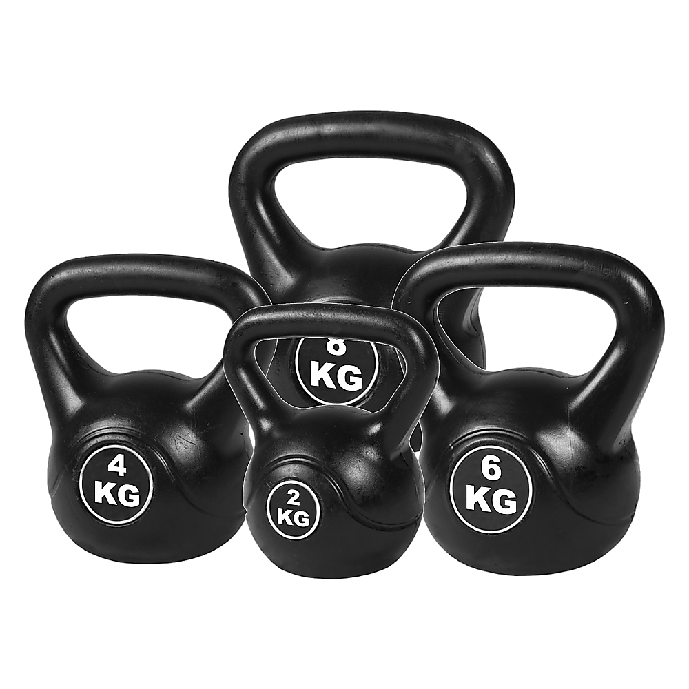 Set of black vinyl-coated kettlebells with weight markings on a white background