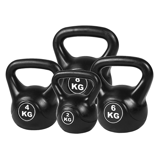 Set of black vinyl-coated kettlebells with weight markings on a white background