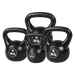 Set of black vinyl-coated kettlebells with weight markings on a white background