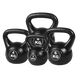 Set of black vinyl-coated kettlebells with weight markings on a white background
