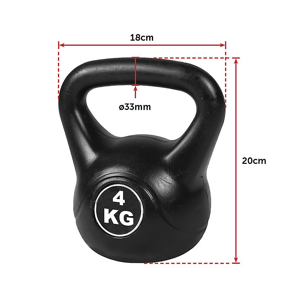 Black kettlebell with dimensions labeled on a white background