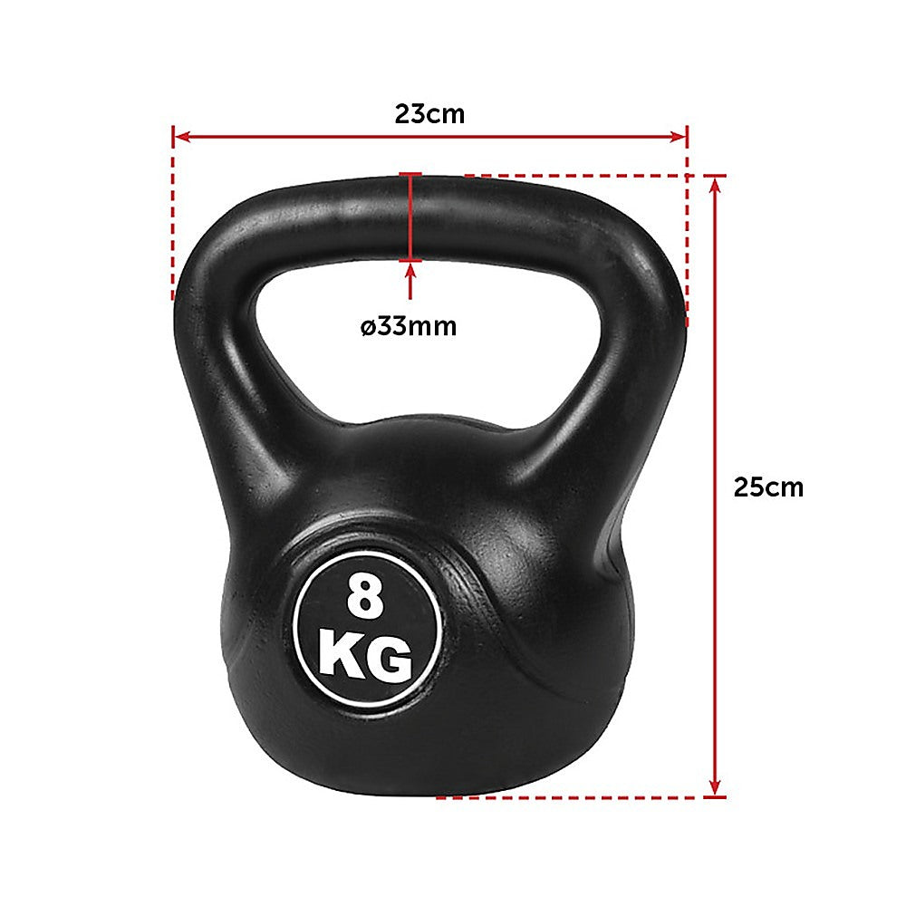 Black kettlebell with dimensions labeled on a white background
